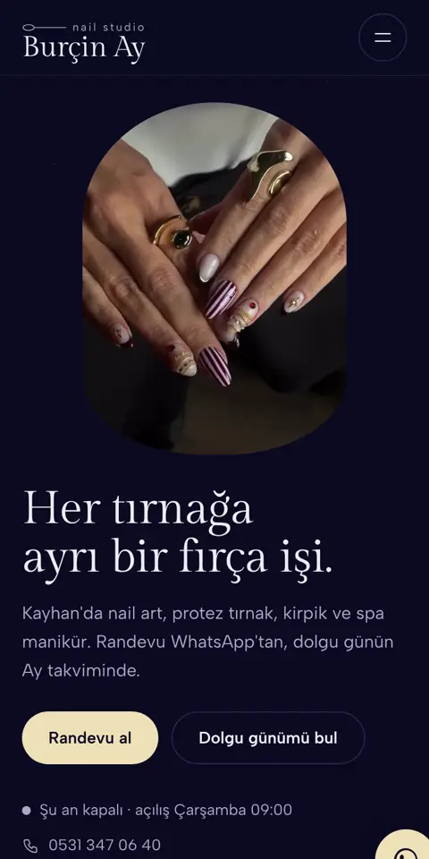 Burçinay Nail Studio sitesinin telefondaki ilk ekranı
