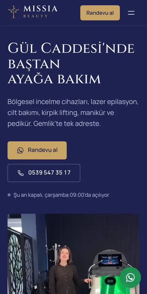 Missia Beauty sitesinin telefondaki ilk ekranı