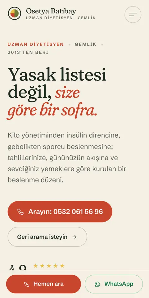 Uzm. Dyt. Osetya Batıbay sitesinin telefondaki ilk ekranı
